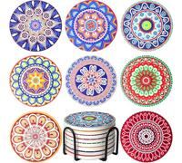 Drink Coasters with Holder Set of 8 Ceramic Boho Mandala Coasters for Drinks Absorbent Stone with Cork Base Colorful Decor for Coffee Beer Mugs Glasses Cups Housewarming Table Desk Protection