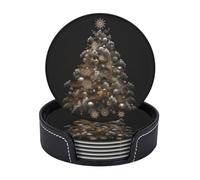 Drink Coasters with Holder Silver Christmas Tree Coasters 6 Pcs Round Coasters for Drinks Mugs Mat Cup Pad Leather Coasters for Coffee Table Kitchen Dining Room Bar Decor 3.9 Inch
