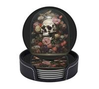 Drink Coasters with Holder Skull in Glass Coasters 6 Pcs Round Coasters for Drinks Mugs Mat Cup Pad Leather Coasters for Coffee Table Kitchen Dining Room Bar Decor 3.9 Inch