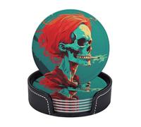 Drink Coasters with Holder Skull Red Coasters 6 Pcs Round Coasters for Drinks Mugs Mat Cup Pad Leather Coasters for Coffee Table Kitchen Dining Room Bar Decor 3.9 Inch