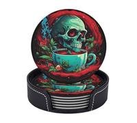 Drink Coasters with Holder Skull Smoking Coasters 6 Pcs Round Coasters for Drinks Mugs Mat Cup Pad Leather Coasters for Coffee Table Kitchen Dining Room Bar Decor 3.9 Inch