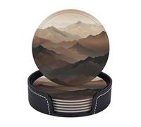 Drink Coasters with Holder Smoky Mountains Coasters 6 Pcs Round Coasters for Drinks Mugs Mat Cup Pad Leather Coasters for Coffee Table Kitchen Dining Room Bar Decor 3.9 Inch