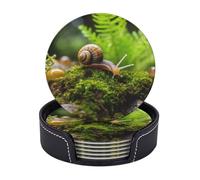 Drink Coasters with Holder Snail Crawling Coasters 6 Pcs Round Coasters for Drinks Mugs Mat Cup Pad Leather Coasters for Coffee Table Kitchen Dining Room Bar Decor 3.9 Inch