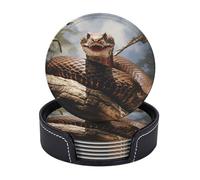 Drink Coasters with Holder Snake with Open Mouth Coasters 6 Pcs Round Coasters for Drinks Mugs Mat Cup Pad Leather Coasters for Coffee Table Kitchen Dining Room Bar Decor 3.9 Inch