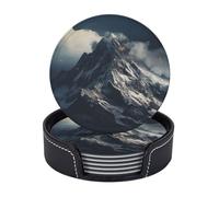 Drink Coasters with Holder Snow Mountain Clouds Coasters 6 Pcs Round Coasters for Drinks Mugs Mat Cup Pad Leather Coasters for Coffee Table Kitchen Dining Room Bar Decor 3.9 Inch