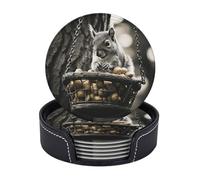 Drink Coasters with Holder Squirrel in Basket Coasters 6 Pcs Round Coasters for Drinks Mugs Mat Cup Pad Leather Coasters for Coffee Table Kitchen Dining Room Bar Decor 3.9 Inch