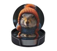 Drink Coasters with Holder Squirrel Wearing Hat Coasters 6 Pcs Round Coasters for Drinks Mugs Mat Cup Pad Leather Coasters for Coffee Table Kitchen Dining Room Bar Decor 3.9 Inch