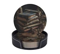 Drink Coasters with Holder Stack of Old Books Coasters 6 Pcs Round Coasters for Drinks Mugs Mat Cup Pad Leather Coasters for Coffee Table Kitchen Dining Room Bar Decor 3.9 Inch