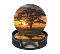 Drink Coasters with Holder Sunrise on Big Tree Coasters 6 Pcs Round Coasters for Drinks Mugs Mat Cup Pad Leather Coasters for Coffee Table Kitchen Dining Room Bar Decor 3.9 Inch