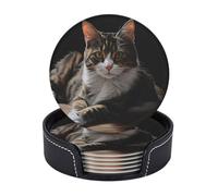 Drink Coasters with Holder Tabby Cat Coasters 6 Pcs Round Coasters for Drinks Mugs Mat Cup Pad Leather Coasters for Coffee Table Kitchen Dining Room Bar Decor 3.9 Inch