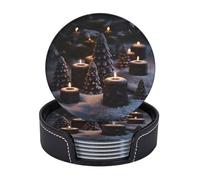 Drink Coasters with Holder There is Snow on The Candle Coasters 6 Pcs Round Coasters for Drinks Mugs Mat Cup Pad Leather Coasters for Coffee Table Kitchen Dining Room Bar Decor 3.9 Inch