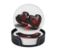 Drink Coasters with Holder Transparent Two Hearts Coasters 6 Pcs Round Coasters for Drinks Mugs Mat Cup Pad Leather Coasters for Coffee Table Kitchen Dining Room Bar Decor 3.9 Inch