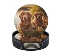 Drink Coasters with Holder Two Golden Retrievers Coasters 6 Pcs Round Coasters for Drinks Mugs Mat Cup Pad Leather Coasters for Coffee Table Kitchen Dining Room Bar Decor 3.9 Inch