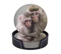 Drink Coasters with Holder Two Macaques Hugging Coasters 6 Pcs Round Coasters for Drinks Mugs Mat Cup Pad Leather Coasters for Coffee Table Kitchen Dining Room Bar Decor 3.9 Inch