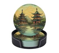Drink Coasters with Holder Two Pagodas on The Lake Coasters 6 Pcs Round Coasters for Drinks Mugs Mat Cup Pad Leather Coasters for Coffee Table Kitchen Dining Room Bar Decor 3.9 Inch