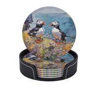 Drink Coasters with Holder Two Puffins Coasters 6 Pcs Round Coasters for Drinks Mugs Mat Cup Pad Leather Coasters for Coffee Table Kitchen Dining Room Bar Decor 3.9 Inch