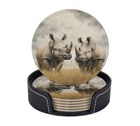Drink Coasters with Holder Two Rhinos Coasters 6 Pcs Round Coasters for Drinks Mugs Mat Cup Pad Leather Coasters for Coffee Table Kitchen Dining Room Bar Decor 3.9 Inch
