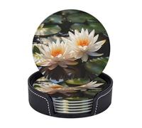 Drink Coasters with Holder Two Water Lilies Coasters 6 Pcs Round Coasters for Drinks Mugs Mat Cup Pad Leather Coasters for Coffee Table Kitchen Dining Room Bar Decor 3.9 Inch