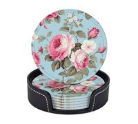 Drink Coasters with Holder Vintage Rose Coasters 6 Pcs Round Coasters for Drinks Mugs Mat Cup Pad Leather Coasters for Coffee Table Kitchen Dining Room Bar Decor 3.9 Inch