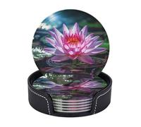Drink Coasters with Holder Water Lily Light and Shadow Coasters 6 Pcs Round Coasters for Drinks Mugs Mat Cup Pad Leather Coasters for Coffee Table Kitchen Dining Room Bar Decor 3.9 Inch