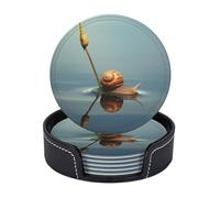 Drink Coasters with Holder Water Snail Coasters 6 Pcs Round Coasters for Drinks Mugs Mat Cup Pad Leather Coasters for Coffee Table Kitchen Dining Room Bar Decor 3.9 Inch