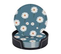 Drink Coasters with Holder White Daisy Pattern Coasters 6 Pcs Round Coasters for Drinks Mugs Mat Cup Pad Leather Coasters for Coffee Table Kitchen Dining Room Bar Decor 3.9 Inch