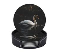 Drink Coasters with Holder White Swan Coasters 6 Pcs Round Coasters for Drinks Mugs Mat Cup Pad Leather Coasters for Coffee Table Kitchen Dining Room Bar Decor 3.9 Inch