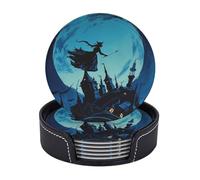Drink Coasters with Holder Witch Flies Over The Castle Coasters 6 Pcs Round Coasters for Drinks Mugs Mat Cup Pad Leather Coasters for Coffee Table Kitchen Dining Room Bar Decor 3.9 Inch