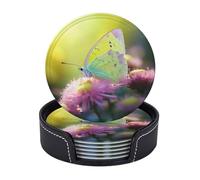 Drink Coasters with Holder Yellow Butterfly Coasters 6 Pcs Round Coasters for Drinks Mugs Mat Cup Pad Leather Coasters for Coffee Table Kitchen Dining Room Bar Decor 3.9 Inch