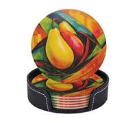 Drink Coasters with Holder Yellow Mango Coasters 6 Pcs Round Coasters for Drinks Mugs Mat Cup Pad Leather Coasters for Coffee Table Kitchen Dining Room Bar Decor 3.9 Inch