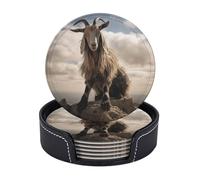 Drink Coasters with Holder Young Goat Coasters 6 Pcs Round Coasters for Drinks Mugs Mat Cup Pad Leather Coasters for Coffee Table Kitchen Dining Room Bar Decor 3.9 Inch