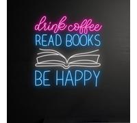 Drink Coffee Read Books Be Happy Neon Sign, Book Club LED Light, Reading Book Neon Light, Bookish Cafe LED Sign,Bookworm Wall Room Art Decor