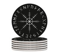 Drink Cup Coasters Mats 1-6 Sets Ancient Icelandic Viking Scandinavian Runes, Washable Saucer for Coffee Beer Wine, House Warming Decor, Wedding Gift, 4" (10cm)