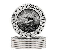 Drink Cup Coasters Mats 1-6 Sets Scandinavian Viking Warship Storm North, Washable Saucer for Coffee Beer Wine, House Warming Decor, Wedding Gift, 4inches (10cm)