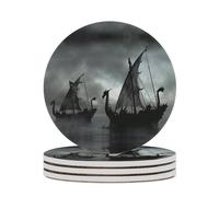 Drink Cup Coasters Mats 1-6 Sets Viking Dragon Boats, Washable Saucer for Coffee Beer Wine, House Warming Decor, Wedding Gift, 4" (10cm)