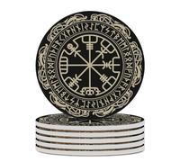 Drink Cup Coasters Mats 1-6 Sets Viking Runic Compass, Washable Saucer for Coffee Beer Wine, House Warming Decor, Wedding Gift, 4" (10cm)