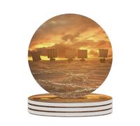 Drink Cup Coasters Mats 1-6 Sets Vikings Ships Ocean Sunset, Washable Saucer for Coffee Beer Wine, House Warming Decor, Wedding Gift, 4" (10cm)