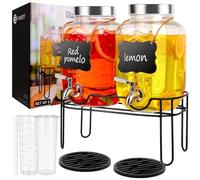 Drink Dispenser,2PACK Glass Drink Dispensers for Parties,1 Gallon Beverage Dispenser with Stand, Stainless Steel Spigot 100% Leak proof,Come with Ice Cylinder,Fruit Tube and 2 Rubber Mats