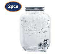 Drink Dispenser 4L Glass Beverage Server With Spigot For Juice Water Tea Jar 2Pc