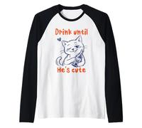 Drink Until He's Cute Cat Beer Raglan Baseball Tee