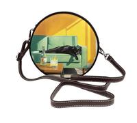 Drinking Black Cat Lying On The Couch Women Round Crossbody Bags Leather Sling Bag Purse