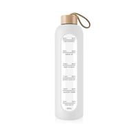 Drinking Bottle Glass 1 Litre with Time Markings - 1 Litre Leak-proof Sports Glass Water Bottle with Bamboo Lid for Sports, Leisure, 1000 ml Reusable Silicone Case Glass Drinking Bottle (White)