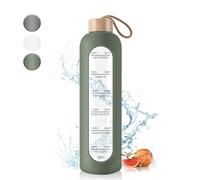 Drinking Bottle Glass 1 Litre with Time Markings - 1 Litre Leak-proof Sports Glass Water Bottle with Bamboo Lid for Sports, Leisure, 1000 ml Reusable Silicone Case Glass Drinking Bottle (Olive Green)