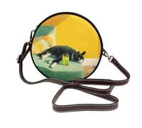 Drinking Cat Lying On The Couch Aesthetic Women Round Crossbody Bags Leather Sling Bag Purse