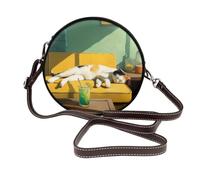 Drinking Cat On The Couch Aesthetic Women Round Crossbody Bags Leather Sling Bag Purse
