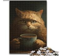 Drinking Coffee Cat 1000 Piece Jigsaw Puzzles for Teenagers, Decompressing Intellectual Educational Toy Educational Game for Birthday, Chrismas (26x38cm)