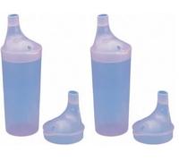 Drinking/Feeding Cup with 2 Spouts and Straw Holes. Small/Narrow Spout allows for drinking Liquids, Larger/Wider Spout for more Solid or Blended Food. Easy to hold and use. Reduces risk of Spillage.