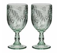 Drinking Glasses Set of 2 Mix and Match Assorted Wine Glasses, Highballs & Tumblers Dishwasher Safe Bottle Green Glassware Set with Palm Leaf Embossed Design (Wine Goblets)