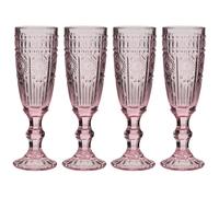 Drinking Glasses Set of 4 - Mix and Match Pink Glassware Set (Champ Flutes) | Dishwasher Safe, Pastel Pink, Mandala Embossed, Vintage Style, Glassware Set, Champagne Flutes
