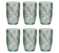 Drinking Glasses Set of 6 Mix and Match Assorted Wine Glasses, Highballs & Tumblers Dishwasher Safe Bottle Green Glassware Set with Palm Leaf Embossed Design (Highball Tumblers)